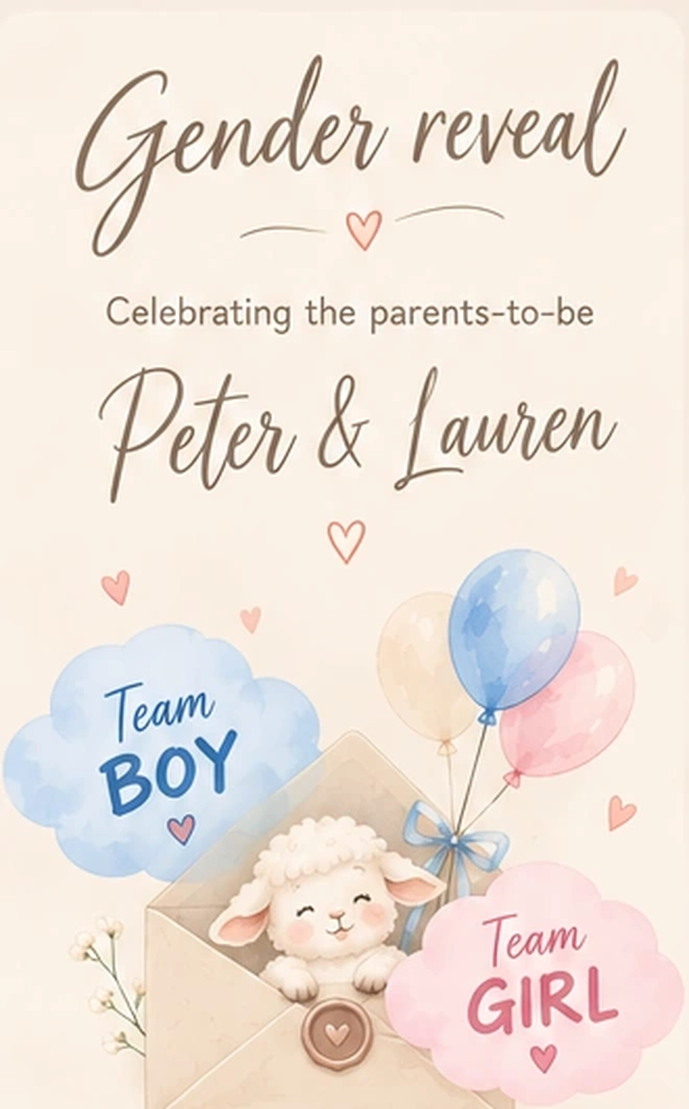 Gender reveal — celebrating the parents-to-be Peter and Lauren, with a lamb, envelope, balloons, and Team Boy and Team Girl clouds